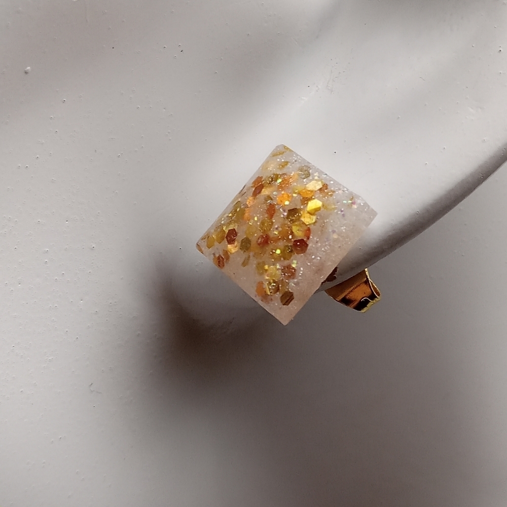 Hand Crafted Gold and White Stud Earrings with Glitter - Picture 3 of 3